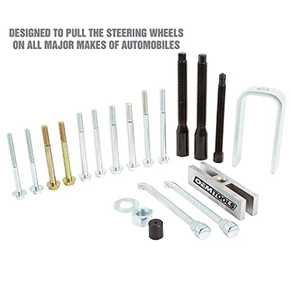 OEMTOOLS 20Pc Steering Wheel Puller Set for All Major Makes and Automobiles | 5 Steering Wheel Pullers in 1, Sizes Included 1/4" x 28, 8 mm x 1.25, 5/16" x 18, 5/16" x 24, and 3/8" x 16
