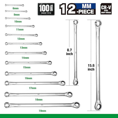 SK Extra Long Ratcheting Wrench Set, Double Box End Wrench Set, 12-Piece, Metric, 8 mm to 19 mm, 72-Tooth, Premium CR-V Construction, with Rolling Pouch