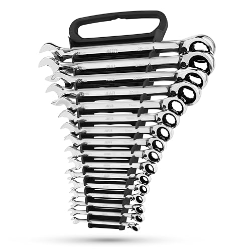 Jaeger 16pc MM/Metric Reversible Ratcheting Combination Wrench Set With Lock-In Rack - REVERSIBLE MASTER SET With Ratchet Speed Wrenches And A Lock-In Rack Case - size: 16pc Metric Reversible Set, style: Reversible Ratcheting Wrench Set