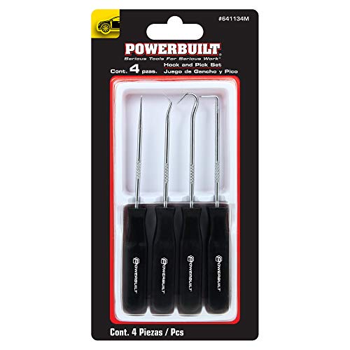 Powerbuilt 4 Piece Automotive Pick and Hook Set, Car Auto Oil Seal and O-Ring Seal Gasket Mini Precision Hooks Puller Remover - 641134