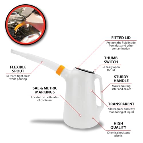 Performance Tool W4046 5 Qt. Oil Jug w/Lid - Measurement Markings, Pouring Handle, Flexible Spout, Spill-Free Oil Transfer, White