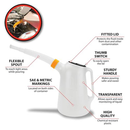 Performance Tool W4046 5 Qt. Oil Jug w/Lid - Measurement Markings, Pouring Handle, Flexible Spout, Spill-Free Oil Transfer, White