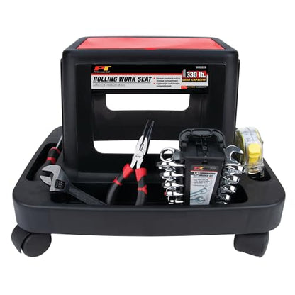 Performance Tool W85026 Multi-Slot Creeper Rolling Work Seat with Storage Tray for Mechanic Garages and Workshops, Black/Red, 18x13.4x12.4-Inches - style: Rolling Work Seat