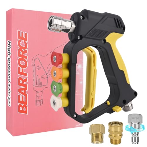 BEAR FORCE High Pressure Washer Short Spray Gun Inlet M22-ID14mm Max 5000 PSI with Nozzle Tips Holder & M22-15mm Connector & 3/8'' Quick Connector Swivel, Power Washer Gun Compatible with Foam Cannon - color: Short Spray Gun & 5 Tips Set