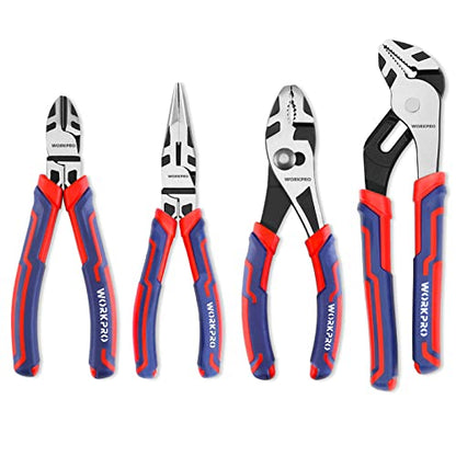 WORKPRO 4-Piece Pliers Set | Premium CR-V Construction Tool Set Including Long Nose, Diagonal Cutting, Groove Joint and Slip Joint Pliers - Red - color: Red