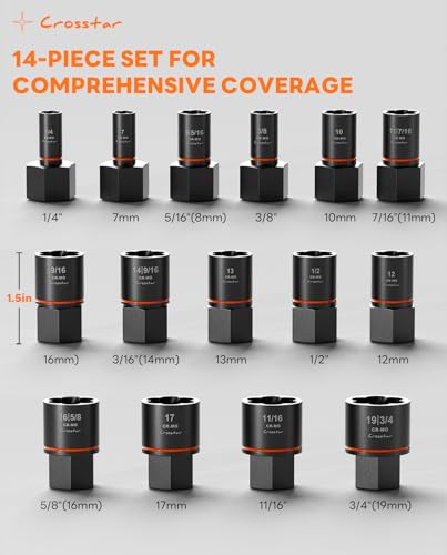 Crosstar 15 PCS Impact Bolt Extractor Set, 3/8" Drive SAE/Metric Cr-Mo Sockets (1/4"-3/4") for Stripped, Rusted, Frozen & Rounded-Off Bolts, Nuts, Screws & Studs - size: 15Pcs Set