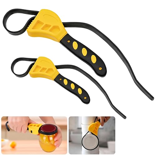 2-Pack Adjustable Rubber Strap Wrench Set, 8" & 6" – Heavy-Duty Non-Slip Oil Filter Wrench & Jar Opener for Plumbing, Water Filter, Shower Head, Sink, Faucet, Pipes & Automotive Use (Yellow)