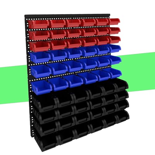 60Pcs Plastic Wall Mounted Storage Bins Parts Rack Nuts And Bolt Bins Organizer For Shop Garage for Screws, Nuts, Bolts, Nails, Beads, and Small Hardware Parts(RED+BLUE+BLACK, 60) - color: Red+Blue+Black, size: 60