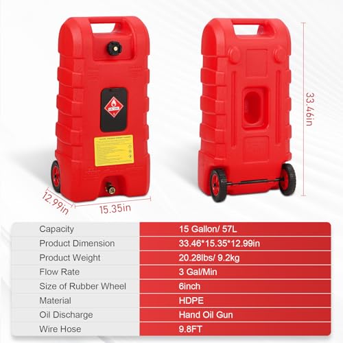 15 Gallon Gas Can, Fuel Tank Container with LE Fluid Transfer Manual Siphon Pump & 10FT Hose, Portable Diesel Gas Storage Caddy with Wheels for Car, ATV, Weeder, Boat, etc., Red - color: Red