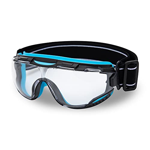 DEX FIT Safety Goggles SG220, Wide-Vision Lab & Chemical Splash Eye Protection, Anti-Fog & Scratch Resistant, Soft Seal, Z87.1 Approved; Black/Blue, Clear Lens, 30mm Strap, 1 PC - color: Black/Blue - Clear - 30mm