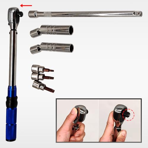 7PCS 3/8 Inch Drive Click Torque Wrench Set, 5-60 N.m with 9.8'' Long Extension Bar, 14mm 16mm Spark Plug Socket, T20 T30 T40 Bit Socket for Car Engine Repair Spark Plug Replacement