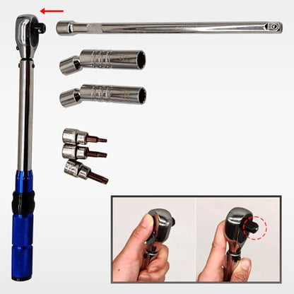 7PCS 3/8 Inch Drive Click Torque Wrench Set, 5-60 N.m with 9.8'' Long Extension Bar, 14mm 16mm Spark Plug Socket, T20 T30 T40 Bit Socket for Car Engine Repair Spark Plug Replacement