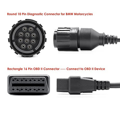 OBD2 Diagnostic Adapter Compatible with BMW Motorcycles Year 1996 to 2016 Round 10 Pin Connector to 16 Pin OBD II Female Cable 1 Feet