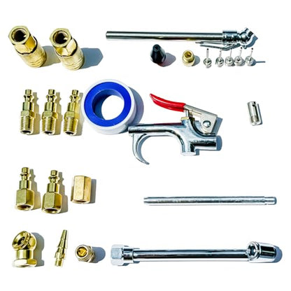 24Pcs Pneumatic Accessory Kit,Pneumatic Blow Gun Parts Set | For Dust Cleaning and Blowing,With 1/4" NPT Quick Connect Coupler, valve adapters, nozzles, nipples, inflator set,etc.