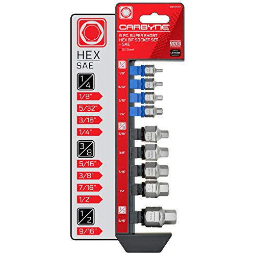 CARBYNE 9-Piece SAE Stubby Low Profile Hex (Allen) Bit Socket Set, 1/8 to 9/16 in., S2 Steel, Super Short Allen Sockets, Dual Drive Internal Square and External Hex for Tight Confined Spaces - size: SAE Hex