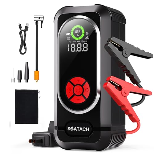 6000A Jump Starter with Air Compressor, Car Battery Jump Starter Portable (10.0 Gas/10.0L Diesel), 150 PSI 12V Car Battery Jump Box with Tire Inflator, Jumper Cables, LED Light, LED Display - color: black
