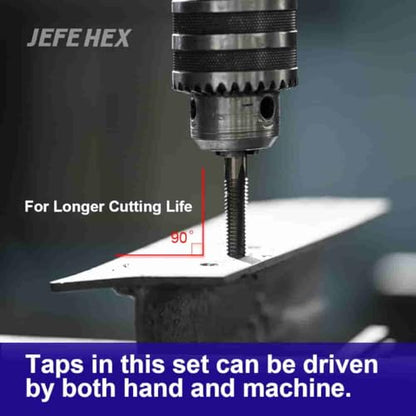 JEFE HEX 18pcs Metric Drill and Tap Set with 1 Piece T-Handle Ratchet Tap Wrench, Tap Range M2.5 * 0.45—M12*1.75, Black and Gold Premium HSS Jobber Length Drill Bits and Hand Plug Taps with Metal Box - size: 18PCS Metric