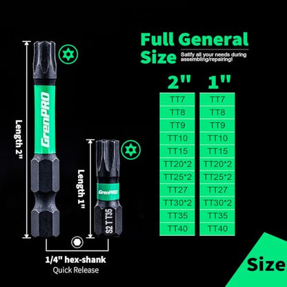 GRENPRO Torx Bit Set 29pcs Impact Driver Bit Set, S2 Steel Torx Screwdriver Sets, Tamper Proof Star Bits Sets, Star Screwdriver 1"&2" Long (TT7-TT40) Torque Security Bits with Magnetic Bit Holder - size: T7-T40(1"&2"*29pcs)