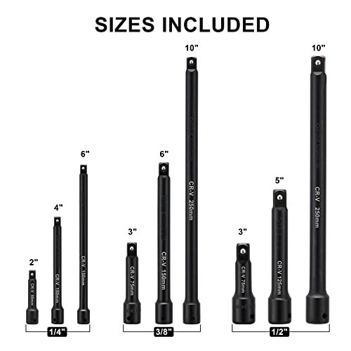 Mayouko 1/4",3/8",1/2" Drive Extension Bar Set, CR-V, 9 Pieces Socket Extension Bars for Narrow and Deep Areas
