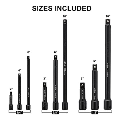 Mayouko 1/4",3/8",1/2" Drive Extension Bar Set, CR-V, 9 Pieces Socket Extension Bars for Narrow and Deep Areas