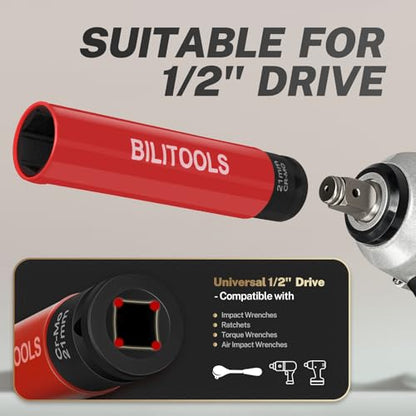 BILITOOLS Extra Long Impact Socket Set, 1/2" 17/19/21mm Lug Nut Socket Set | 3PCS Socket Set CR-MO steel, 6" Length, 6-Point Flank Drive, Color-Coded, Scratch-Proof Sleeve, fits Impact Wrenches - size: 17 19 21 mm