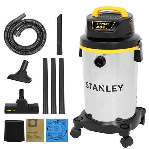 STANLEY 4 Gallon Shop Vacuum Wet and Dry, 4 Peak HP Stainless Steel | Compact Shop Vac, Portable Wet Dry Vacuum Cleaner, for Garage, Workshop, Basement, Car Detailing, Outdoor