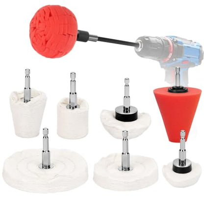 Linkstyle 9PCS Polishing Wheel Kit for Drill, Cotton Buffing Wheel Set, Sponge Polishing Ball & Cone, with 1/4 Inch Hex Extension Rod, for Auto Car Detailing Aluminum Stainless Steel Chrome Surface
