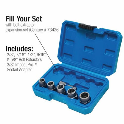 Century Drill & Tool 6 Piece Bolt Extractor Set 73425; securely grips damaged bolts and fasteners, impact ready socket adapter included - size: 6 Piece
