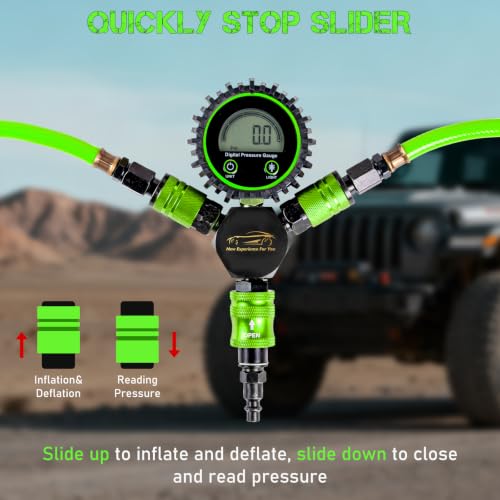 4 Tire Inflation Deflation System W/300PSI Digital Pressure Gauge | Fits up to 200" Wheelbase, Plastic Carry Box & Heavy Duty Hoses, Fits Truck, Car, Trailer, Motorcycle Offroad Vehicles, Green - color: Green