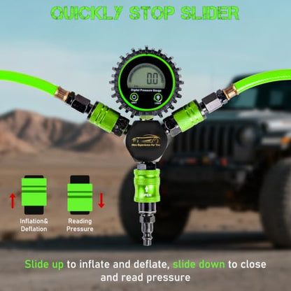 4 Tire Inflation Deflation System W/300PSI Digital Pressure Gauge | Fits up to 200" Wheelbase, Plastic Carry Box & Heavy Duty Hoses, Fits Truck, Car, Trailer, Motorcycle Offroad Vehicles, Green - color: Green