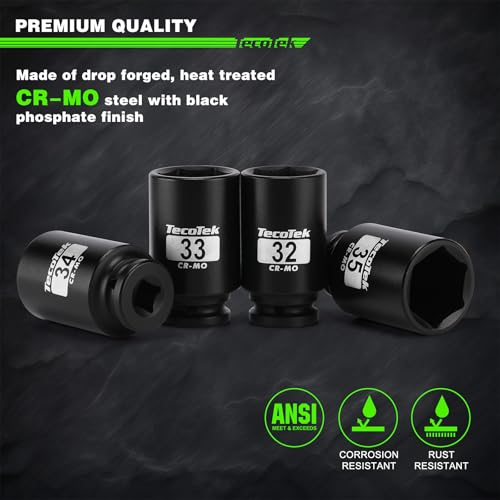 TecoTek 1/2" Drive Deep 6-Point Impact Socket Set, 11-Piece Deep Metric Spindle Axle Nut Impact Socket Set, Cr-Mo, 27mm - 41mm - size: 27mm - 41mm (11PCS)