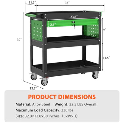 3-Tier Heavy Duty Utility Cart on Wheels, Rolling Tool Cart on Wheels with a Drawer, 350 Lbs Load Capacity Service Cart for Warehous, Garage and Repair Shop (Black&Green) - color: Black&green