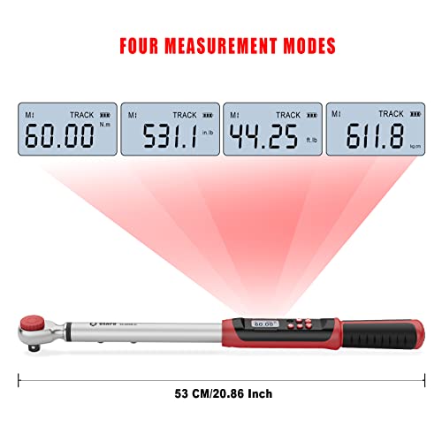 VANPO Digital Torque Wrench 1/2-Inch Drive 7.38-147.5ft-lbs/10-200NM, Dual-Direction Adjustable Electronic Torque Wrench with Preset Value, Buzzer and LED Flash Notification, for Bike Moto Car - size: 7.38-147.5 ft-lbs/10-200Nm