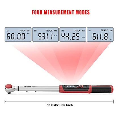 VANPO Digital Torque Wrench 1/2-Inch Drive 7.38-147.5ft-lbs/10-200NM, Dual-Direction Adjustable Electronic Torque Wrench with Preset Value, Buzzer and LED Flash Notification, for Bike Moto Car - size: 7.38-147.5 ft-lbs/10-200Nm