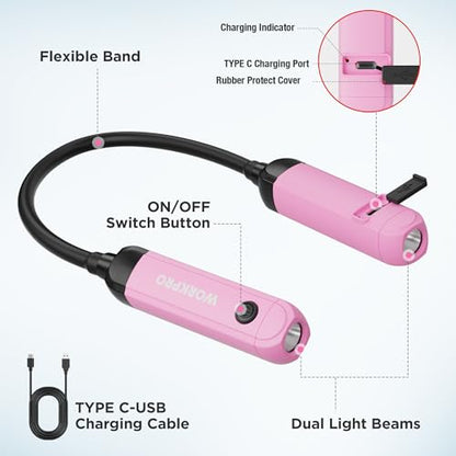 WORKPRO Rechargeable Neck Light for Hands-Free Lighting, 3 Brightness Levels 300 Lumens Neck Light, Bendable Silicone Arm, Great for Mechanics, Reading, Camping, DIY Projects, Crafting, Pink Ribbon - color: Pink