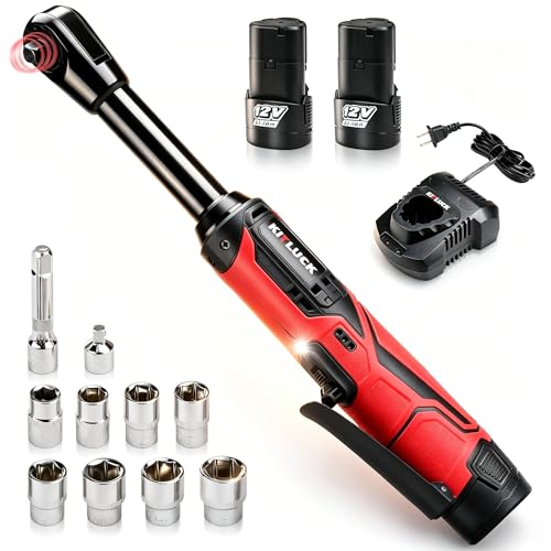 KITLUCK Cordless Electric Ratchet Wrench Set, 3/8" 12V Extended Power Ratchet Tool Kit, 41 Ft-Lbs Cordless Ratchet with 8 Sockets, 1/4" adapter, LED Light, 2-Pack 2000mAh Battery And Charger