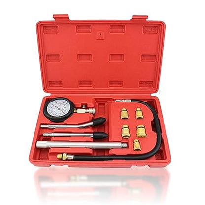 PMD Products Engine Cylinder Compression Tester Kit with Extender Tubes, 5 Spark Plug Adapters (M10, M12, M14, M16, M18), Dual Scale Compression Gauge, and Quick Check Rubber Cones