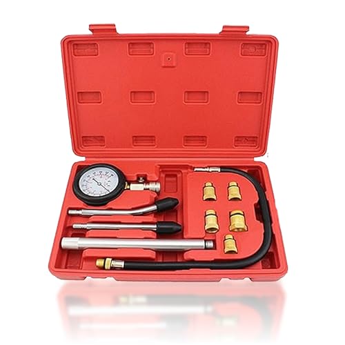 PMD Products Engine Cylinder Compression Tester Kit with Extender Tubes, 5 Spark Plug Adapters (M10, M12, M14, M16, M18), Dual Scale Compression Gauge, and Quick Check Rubber Cones