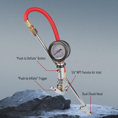 Tire Inflator with Tire Pressure Gauge, Extended Straight-on Air Chuck with 12 Inch Rubber Air Hose