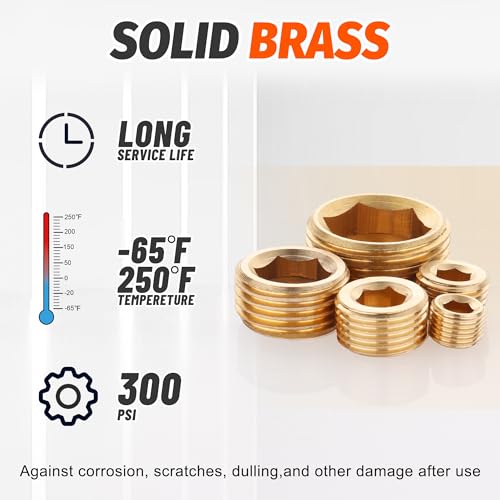 35Pcs Brass Pipe Plug Fitting Assortment Kit,1/8" 1/4" 3/8" 1/2" 3/4" NPT Male Internal Hex Thread Socket Pipe Plug Set,5 Sizes