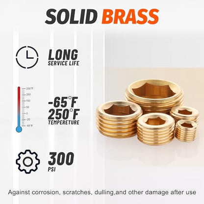 20 PCS Brass Pipe Plug 1/8" 1/4" 3/8" 1/2" NPT Plug Internal Hex Thread Socket Fitting Assortment Kit - size: Socket Plug