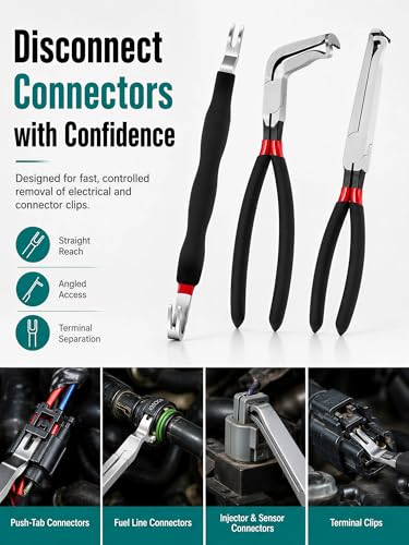 Electrical Disconnect Pliers and Car Clip Removal Tool Set | 4 automotive disconnect and clip tools plus 8 terminal release pins for wiring connectors, trim clips and fastener removal