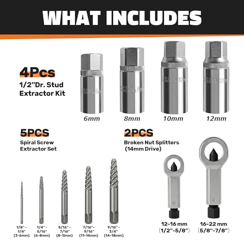 11PCS Bolt Extractor Set, Heavy Duty Screw & Stud Remover Kit for Stripped, Rusted & Damaged Bolts, Nuts and Pipes - size: 11PCS