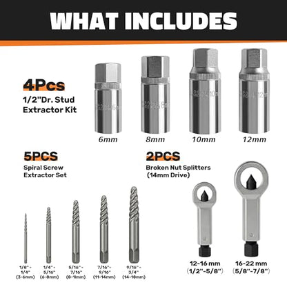 11PCS Bolt Extractor Set, Heavy Duty Screw & Stud Remover Kit for Stripped, Rusted & Damaged Bolts, Nuts and Pipes - size: 11PCS
