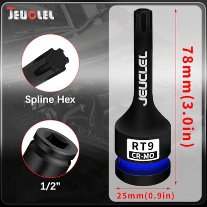RT9 Spline Bit Socket, 1/2" Drive Spline Hex 6 Point Impact Socket | 3-Inch, Cr-Mo Steel, Lengthen Screwdriver Adapter for Electric Ratchet Wrenches, Fastening Screws, Socket Wrench, Head Drill - size: RT9