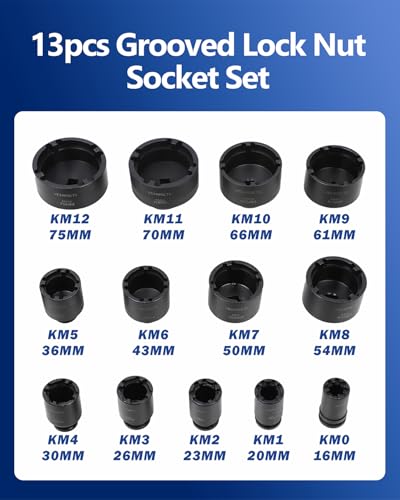 13pcs Grooved Lock Nut Socket Set with Internal Teeth, Spindle Nuts Socket Kit Ball Joints Axle Locknut Remove Install Locking Hub Socket for KM KML HM HML HMLL Groove Nut with 1/2'' KM0-KM12 - size: Internal Teeth
