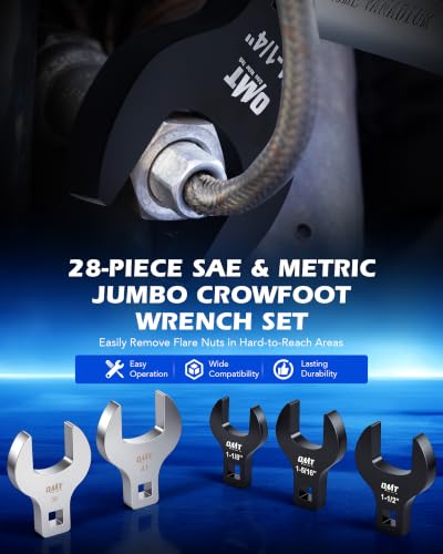 Orion Motor Tech 28pc Jumbo Crowfoot Wrench Set, SAE & Metric 1/2" Drive Crows Foot Wrenches, 1-1/16" to 2" and 27-50 mm, Low-Profile Cr-V Steel Flare Nut Wrench Set for Automotive AC Fuel Line Repair