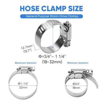TICONN 12PCS Hose Clamp Set - 3/4''–1 1/4'' 304 Stainless Steel Worm Gear Hose Clamps for Pipe, Intercooler, Plumbing, Tube and Fuel Line (18–32 mm) - size: SAE #10 12PCS 3/4''~1-1/4"