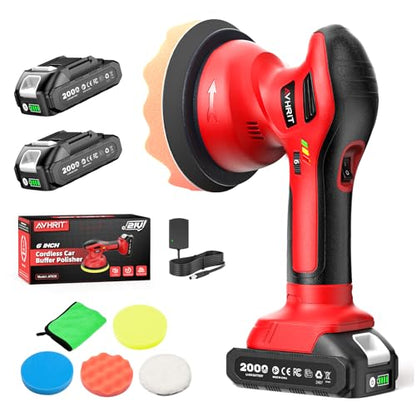 Cordless Car Buffer Polisher kit w/ 2x2000mAh 21V Batteries, 6 Inch Car buffer Waxer Kit w/ 6 Variable Speed & Extra Attachments, Polisher for Car Detailing,Boat Sanding,Scratch Removing