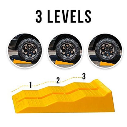Yellow Leveling Car Ramps – Set of 2 Block Car Ramp, Tri-Leveler, Sturdy Material on Uneven Ground, Universal Fit for Cars Trailer SUV, Stable Ramp/Wheel Chocks Premium Quality, Zento Deals - size: 2 sets
